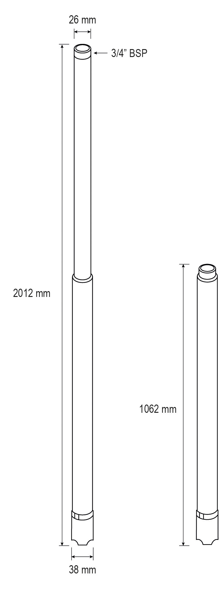 Riser tube, telescopic with foot valve 1062-2012 mm 3/4